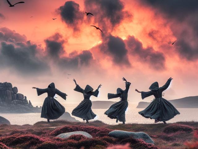 Sorcières dansant dans da lande bretonne
