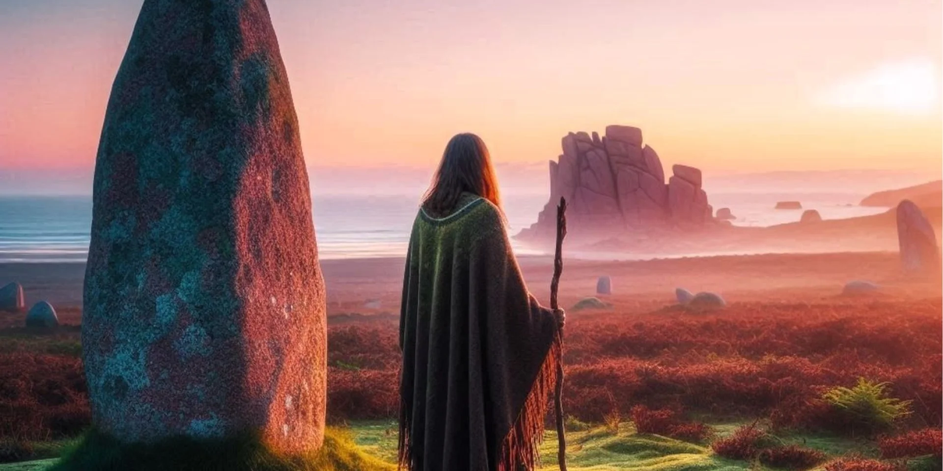 Druide Und Menhir An Der Rosengranitküste