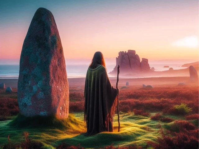 A l'aube, un druide se tient à côté d'un menhir dans la lande bretonne sur la Côte de Granit Rose