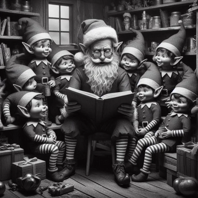 Lutins et Père-Noël en pleine lecture