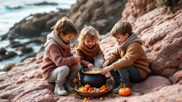 Des enfants jouent pour Halloween en faisant une soupe de citrouille sur des rochers de la Côte de Granit Rose