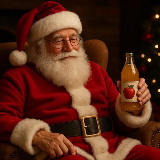 Pere Noel Au Coin Du Feu Avec Un Jus De Pomme