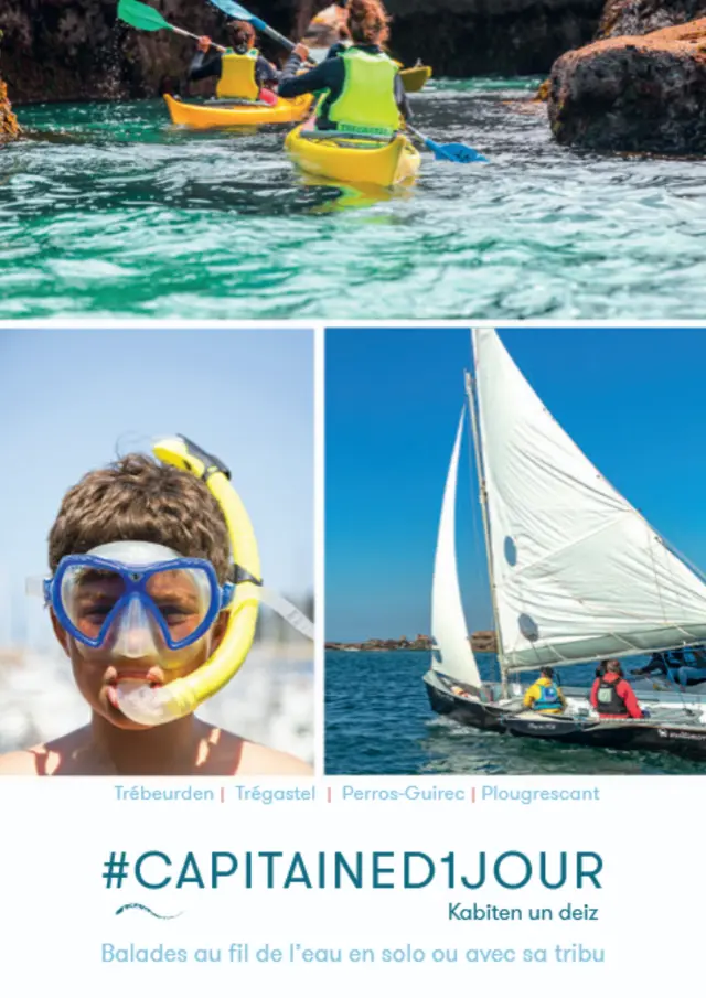 Visuel d'un flyer avec plusieurs photaos : trois personnes avec un gilet de sauvetage sur un kayak en mer près des rochers ; un garçon avec un masque bleu et un tuba jaune ; un voilier blanc et noir avec quatre personnes à son bord